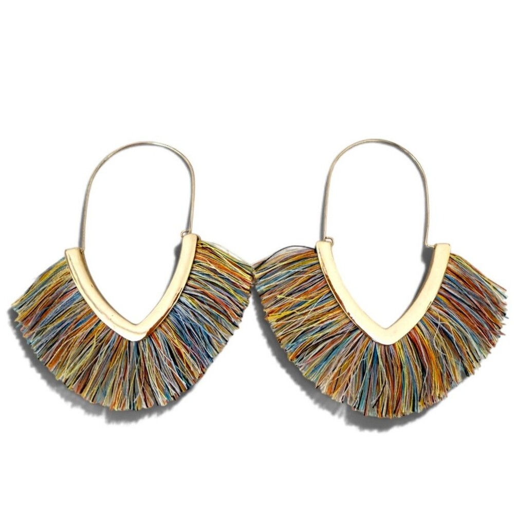 SUGARFIX by BaubleBar Gold Tone Multicolor Thread Fringe Fan Hoop Earrings Desc
